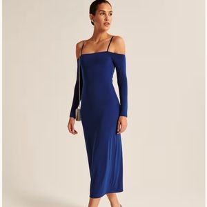 Blue Long Sleeve off shoulder midi dress